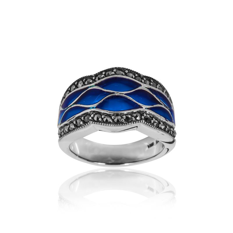 Blue Enamel and Marcasite Scalloped Edge Ring - 01R197ROY - Click Image to Close